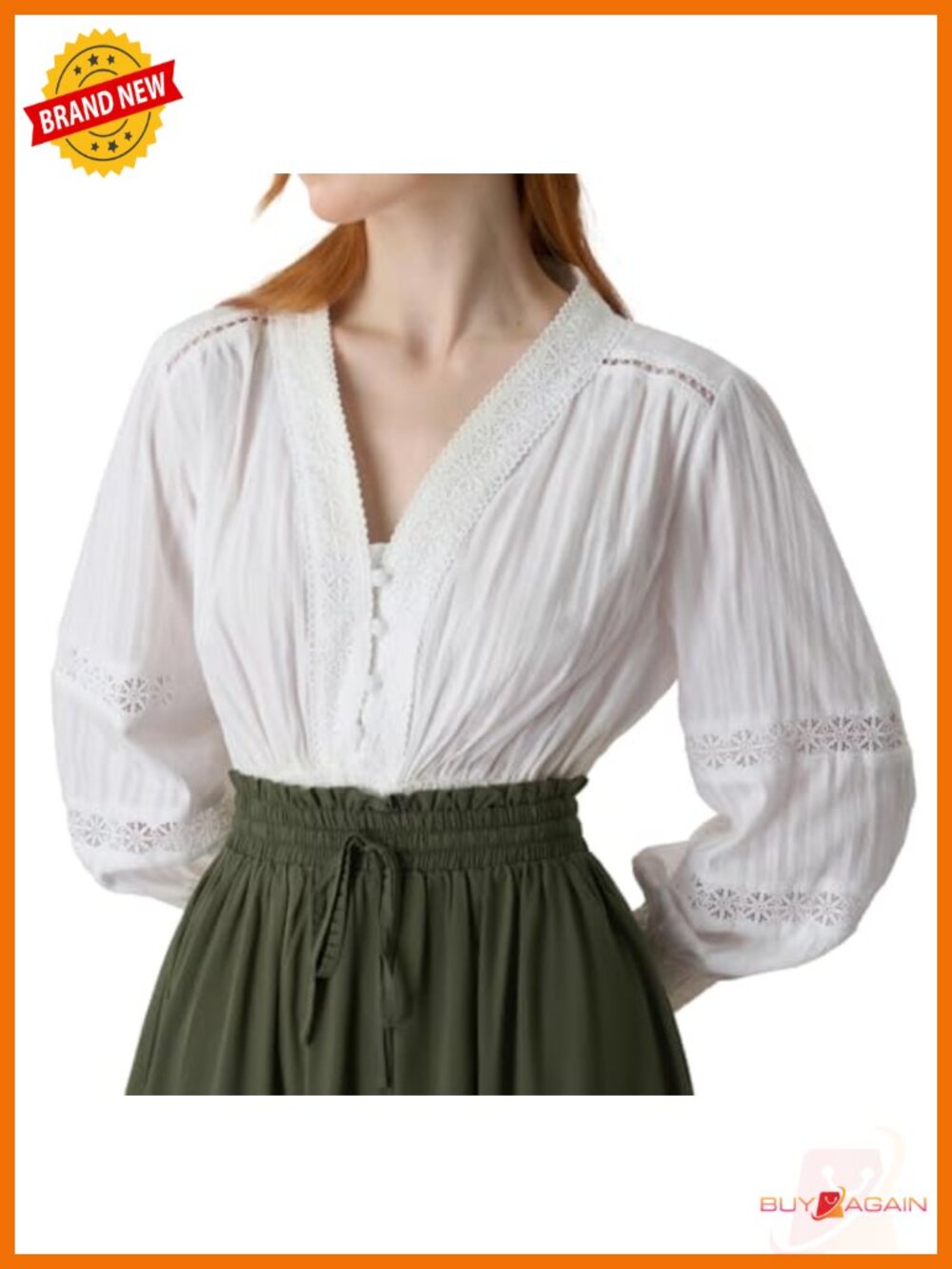 Women's Cotton Peasant Blouse V Neck Long Sleeve Renaissance Top